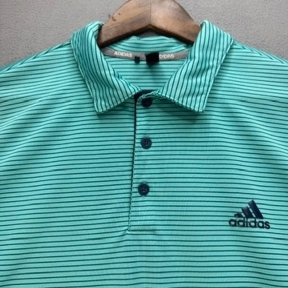 Adidas Golf Polo Shirt Mens Large L Green Striped Short Sleeve Athletic Logo
